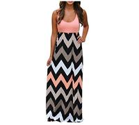 Lazzboy Kleider Frauen Gestreiftes Langes Boho-Kleid Sommerkleid Maxikleid Plus Size Sommer Damen V-Ausschnitt Camisole ärmelloses Urlaubskleid Strandkleid Freizeitkleid (Braun,L)