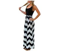 Lazzboy Kleider Frauen Gestreiftes Langes Boho-Kleid Sommerkleid Maxikleid Plus Size Sommer Damen V-Ausschnitt Camisole ärmelloses Urlaubskleid Strandkleid Freizeitkleid (Schwarz,XL)