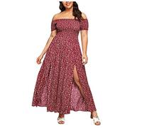 Lazzboy Kleider Frauen Plus Size Blumendruck Off Shoulder Oberschenkel Blumenkleid Damen Lang Sommer Sommerkleider Maxikleider Partykleid Strandkleider L-4XL (Rot,4XL)