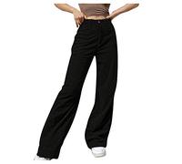 Lazzboy Kord Hose Frauen Jeans Hosen Solide Mittel Taillierte Breite Cord Beinhose Gerade Baggy-Hose Vintage Jeanshose Damen Straight Leg Mit Hoher Taille Slim Pants (Schwarz,M)