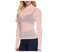 Lazzboy Langärmliges High Neck Arm Shaper Shirt Für Damen Mit Transparenter Mesh Bluse Langarm Pullover Frauen Transparent Tüll Body T-Shirt Tunika Tops (Khaki,L)