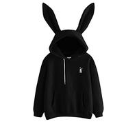 Lazzboy Langärmliges Kaninchen Hoodie Sweatshirt Für Damen Pullover Tops Bluse Ohr Kapuzenpullover(Schwarz,S)