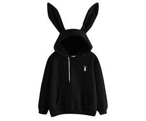 Lazzboy Langärmliges Kaninchen Hoodie Sweatshirt Für Damen Pullover Tops Bluse Ohr Kapuzenpullover(Schwarz,XL)