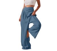 Lazzboy Leinenhose Damen Sommerhose Damen Leicht Einfarbige Damenhose Aus Baumwolle Und Leinen Lockere Lässige Hose Mit Weitem Bein Hoher Taille Boho Strandhose Linen Pants Women (Blau,M)