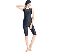 Lazzboy Muslimische Bademode Frauen Muslimischen Badeanzug Mit Kappe Einfarbigen Beachwear Badebekleidung Bescheidene Muslim Swimwear Tops Hose 2-teilige Sets(Schwarz,XL)
