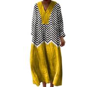Lazzboy Musselin Kleid Damen Sommerkleid Vintage V-Ausschnitt Boho Midi Sommerkleider Leicht Luftig Leinenkleid Boho Strandkleid Maxikleid Leinen A-Linie Freizeitkleider Tunika (Yellow, XXXXL)