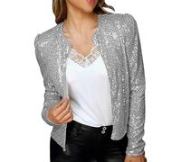 Lazzboy Pailletten Blazer Damen Glitzer Jacke Cardigan Langarm Party Club Tailliert Anzugjacke Outfits Clubwear Offene Festlich Bolero Glänzend Karneval Fasching Kostüm (Grau,3XL)