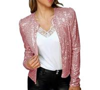 Lazzboy Pailletten Blazer Damen Glitzer Jacke Cardigan Langarm Party Club Tailliert Anzugjacke Outfits Clubwear Offene Festlich Bolero Glänzend Karneval Fasching Kostüm (Rosa,XL)