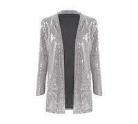 Lazzboy Pailletten Blazer Damen Glitzer Jacke Kostüm Elegant Cardigan Langarm Party Club Pailletten-Blazer Tailliert Anzugjacke Tops Kurz Oberteile Outfits Streetwear (Silber,XXL)