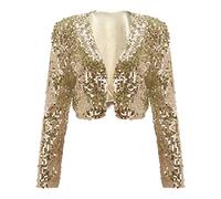 Lazzboy Pailletten Blazer Damen Kurz Jacke Mit Taschen Anzug Langarm Party Club Glitzer Bolerojacke Glänzend Bolero Pailettenjacke Cardigan Jacket Tailliert Anzugjacke Outwear (Gold,A)
