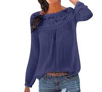 Lazzboy Patchwork Oberseiten Bluse Tunika Frauen Beiläufige Lange Hülsen Spitze Damen Blumen T-Shirt V Ausschnitt Knopfleiste Oberteil(Marine,M)