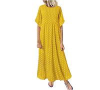 Lazzboy Plus Size Damen O-Ausschnitt Kurzarm Dot Printed Vintage Rockabilly Kleid Knielang Bleistiftkleid Kleider Blüte Drucken Strandkleider Maxikleider Cocktailkleid(Gelb,XL)