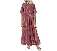 Lazzboy Plus Size Damen O-Ausschnitt Kurzarm Dot Printed Vintage Rockabilly Kleid Knielang Bleistiftkleid Kleider Blüte Drucken Strandkleider Maxikleider Cocktailkleid(Rot,5XL)