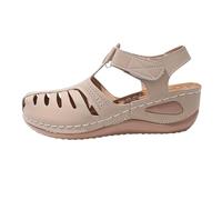 Lazzboy Sandalen Damen Retro Keilabsatz Geschlossen Orthopädische Sandaletten Slingback Damenschuhe Hohle Fußkett Zehenschuh Weiche Einzige Runde Weit Zehenschutz (Beige,39)