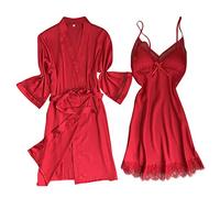 Lazzboy Satin Silk Pyjama Nachthemd Frauen Robe Unterwäsche Nachtwäsche Dessous Damen Nachtkleid V Aussschnitt Gedruckt Schlafshirt Negligee Für Sommer Kleider(Rot,3XL)