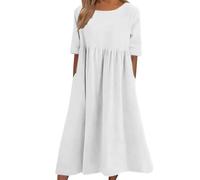 Lazzboy Sommer Kleider Leinenkleid für Damen in Übergröße, übergroß, lässig, für den, locker, fließend, Maxikleider Baumwolle mit Sommerkleider Knielang (White, XL)
