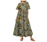 Lazzboy Sommerkleid Damen Floral Printed Frauen Casual Kurzarm Hohe Taille Loses Langes Kleid Lang Kleider Sommerkleider Blumendruck Lose Maxikleider (Grün,XXL)