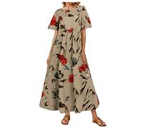 Lazzboy Sommerkleid Damen Floral Printed Frauen Casual Kurzarm Hohe Taille Loses Langes Kleid Lang Kleider Sommerkleider Blumendruck Lose Maxikleider (Gelb,XXL)
