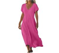 Lazzboy Sommerkleid Damen Knielang Leinen Freizeitkleider für Damen, fließender V-Ausschnitt, Kurze Ärmel, 2026 Maxikleid, leichte -Strandurlaubskleidung Kleider (Hot Pink, XL)