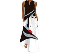 Lazzboy Sommerkleid Damen Maxikleid Schmetterling Blumen Drucken V-Ausschnitt Oversized Sommer Elegant Kleider ärmelloses Druck Maxi Lockeres Kleid Boho Strand Langes Mit Taschen (Schwarz,5XL)