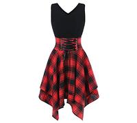 Lazzboy Sommerkleid Damen Plaid Printing Frauen ärmelloses Kaltes Schulter Kariertes Unregelmäßiges Kleid T-Shirt Asymmetrisch Minikleid Tunika Partykleid Blusekleid Hemdkleid (Rot,L)