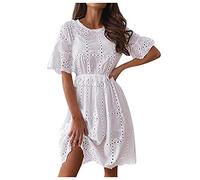 Lazzboy Sommerkleid Damen Sommermode Bestickt Kurzarm Rundhals Hohles Kleid Kleider Minikleid Babydoll Tunika Kurze Freizeitkleid A-line S-XL (Weiß,L)