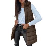 Lazzboy Steppweste Damen Lang Ärmellose Weste Mit Kapuze Steppmantel Warmer Wintermantel Reissverschluss Longweste Taschen Daunenweste Übergangsjacke Für Herbst Und Winter (Kaffee,S)