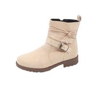 Lazzboy Stiefel Damen Stiefeletten Herbst Und Winterstiefel Mit Flachem Absatz Römischer Seitenschnalle Boots Kurzschaft Outdoor Leicht Gefüttert Winterschuhe (Beige,40)