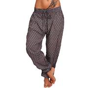 Lazzboy Store Haremshose Damen Mit Gesmoktem Bund Gedruckt Bunt Boho Hosen Frauen Plus Size Print Elastische Taille Kordelzug Gerade Lose Lange(Wein,3XL)