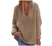 Lazzboy Store Strickpullover Frauen Stricken Damen V-Ausschnitt Loose Pullover Einfarbig Langarm Sweater Tops Oversize Grobstrick Winterpullover Strickpulli Outwear S-XL (Braun,M)
