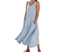 Lazzboy Strandkleid Damen Luftig Kleid für Frauen Sommerkleid Art und beiläufige Feste Baumwolle Leinen Kleid ärmellos mit lose Kleid Tank Maxikleid Leinenkleider Damen Sommer (Sky Blue, L)