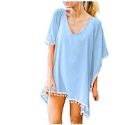 Lazzboy Strandkleid Frauen Strand Pareo Trim Kaftan Quasten Badebekleidung Beach Loose Bikini Cover Up Tops Damen Strandponcho Sommerkleid Sommer Bademode Longshirt Tunika (Hellblau,3XL)