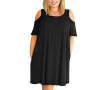 Lazzboy Strandkleider Damen Sommer Damen-Kleid in Übergröße, kurzärmelig, schulterfrei, lässig, T-Shirt, Swing-Kleid mit A Linien Sommerkleid (Black, XXXXXXXL)
