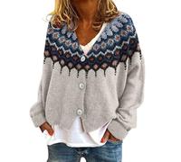 Lazzboy Strickjacke Damen Kurz Winter V-Ausschnitt Langarm Norwegermuster Strickmantel Lose Knopf Offene Gestrickte Cardigan Strickpullover Mantel Warme Winterpullover Oberteile (Weiß,L)