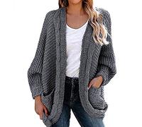 Lazzboy Strickjacke Damen Lang Einfarbig Herbst Winter Warm Bequem Jacke Casual Übergangsjacke Mantel Frauen Pullover Mittlere Länge Tasche Gestrickt Streetwear (Dunkelgrau,XL)