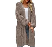 Lazzboy Strickjacke Damen Lang Elegant Open Front Grobstrick Strick Cardigan Langarm Strickjacken Mit Knöpfe Und Taschen Button Down Strickpullover Mantel Strickmantel Tasche (Khaki,4XL)