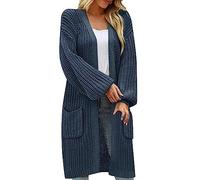 Lazzboy Strickjacke Damen Lang Elegant Open Front Grobstrick Strick Cardigan Langarm Strickjacken Mit Knöpfe Und Taschen Button Down Strickpullover Mantel Strickmantel Tasche (Dunkelgrau,XXL)