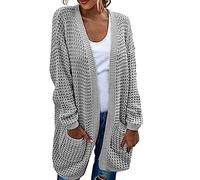 Lazzboy Strickjacke Damen Lang Open Front Grobstrick Strick Cardigan Langarm Strickjacken Mit Knöpfe Und Taschen Grobstrickjacke Winter Herbst Knit Offener Strickmäntel Wintermäntel Mantel (Grau,L)