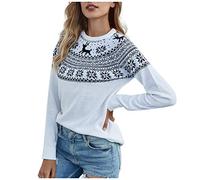 Lazzboy Strickpullover Damen O-Neck Langarm Weihnachten Schneeflocke Fawn Print Pullover Oversize Rollkragen Grobstrick Strickpulli Oberteile (Weiß,M)