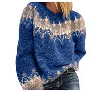 Lazzboy Strickpullover Für Damen O-Ausschnitt Langarm Ethnischer Druck Patchwork Gestrickter Warmer Pullover Pulli Damen Oversize Strickpulli Winterpullover Sweatshirt (Blau,M)