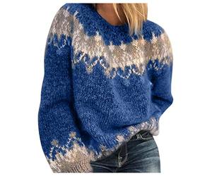 Lazzboy Strickpullover Für Damen O-Ausschnitt Langarm Ethnischer Druck Patchwork Gestrickter Warmer Pullover Pulli Damen Oversize Strickpulli Winterpullover Sweatshirt (Blau,M)
