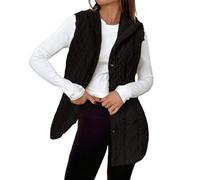 Lazzboy Strickweste Damen Ärmellos Weste Mit Kapuzen Einfarbig Pullover Lockere Passform Strickwesten Cardigan Knopf V Hals Stricken Casual Strickjacke Damenweste (Schwarz,XL)