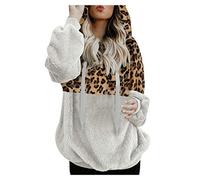 Lazzboy Sweatshirt Leopard Frauen Patchwork Langes Hülsen Pullover Hemd übersteigt Bluse Damen Hoodie Mädchen Kapuze Winterpullover Langarm Kapuzenpullover(Weiß,S)