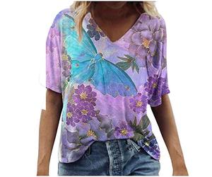 Lazzboy T-Shirt Frauen Blumendruck Landschaftsdruck Scenic Flowers Drucken Rundhals Tops Damen T-Shirts Sommer Kurzarm Oberteile Bluse Tunika Pulli Hemd Oversize Sweatshirts (Rosa,L)
