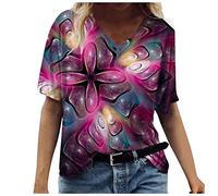Lazzboy T-Shirts Frauen Sommer Gedruckt Kurzarm T-Shirt Mit V-Ausschnitt Casual Damen Bluse Lässige Button Up Gradient Gefaltete Tunika Tops Lose Hem Shirts S-3XL (Lila,S)