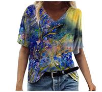 Lazzboy T-Shirts Frauen Sommer Gedruckt Kurzarm T-Shirt Mit V-Ausschnitt Casual Damen Bluse Lässige Button Up Gradient Gefaltete Tunika Tops Lose Hem Shirts S-3XL (Marine,XL)