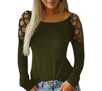 Lazzboy T-Shirts Mädchen Pullover Cutout Rundhalsausschnitt Aushöhlen Nieten Langarm T-Shirts Tops Sweatshirt Damen Off Shoulder Top Blusen Frauen Einfarbige (Armeegrün,M)