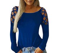 Lazzboy T-Shirts Mädchen Pullover Cutout Rundhalsausschnitt Aushöhlen Nieten Langarm T-Shirts Tops Sweatshirt Damen Off Shoulder Top Blusen Frauen Einfarbige (Blau,2XL)