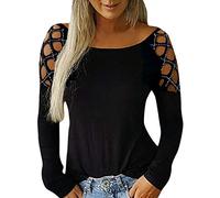 Lazzboy T-Shirts Mädchen Pullover Cutout Rundhalsausschnitt Aushöhlen Nieten Langarm T-Shirts Tops Sweatshirt Damen Off Shoulder Top Blusen Frauen Einfarbige (Schwarz,XL)