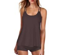 Lazzboy Tankini Damen Bauchweg Badeanzug Bademode Set Freizeit Zweiteiler Tankinis Sommer Elegant Badeanzüge Für Oberteil Mit Badeshorts S-2XL (Braun,L)